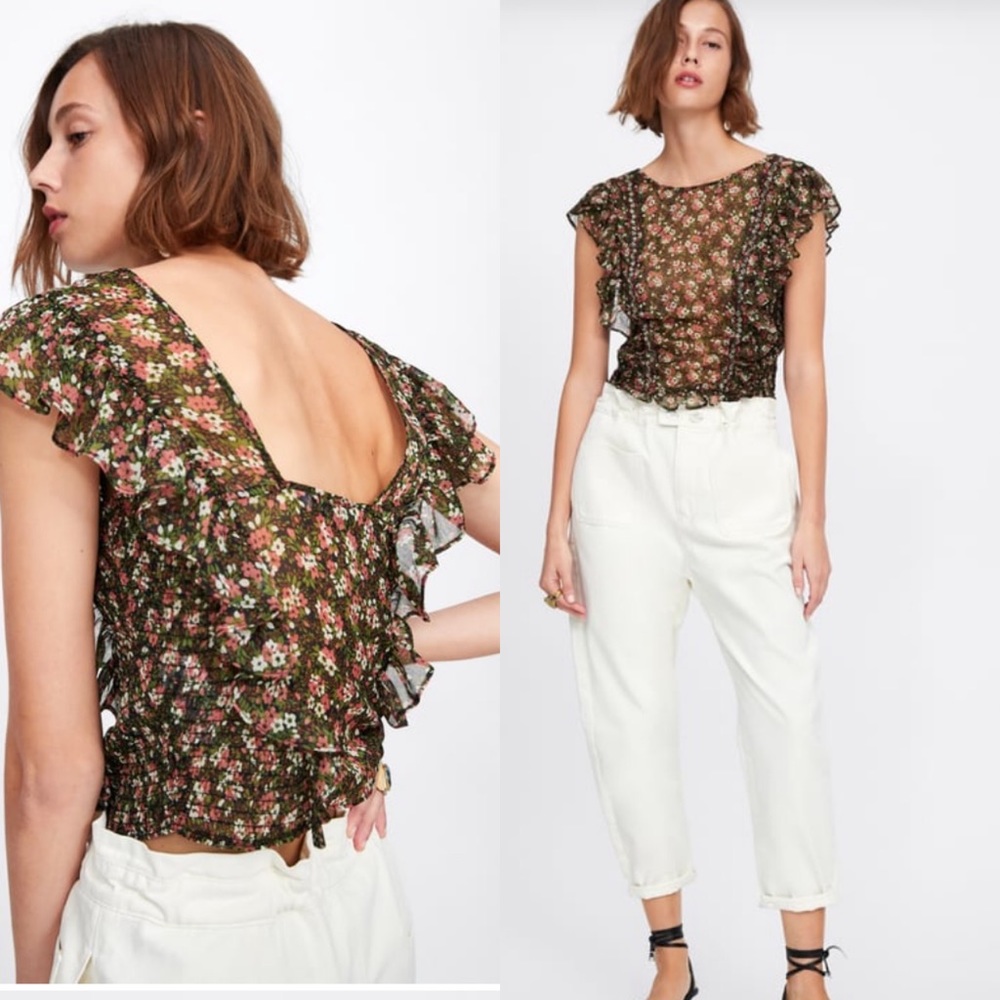 Zara Floral Ruffle Embroidered Beaded Sheer Top